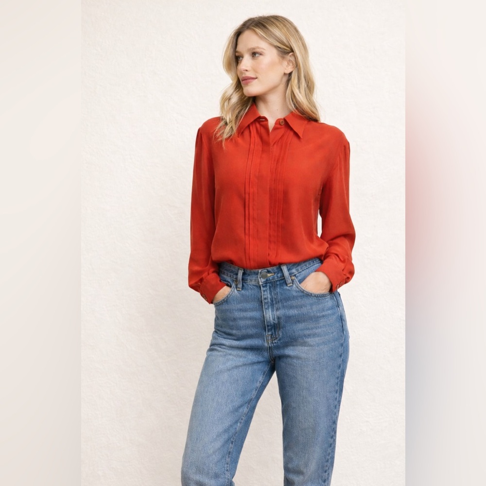 Alicia Red Pintuck Pleat Blouse 90s Office Career Top Size 14 vintage
